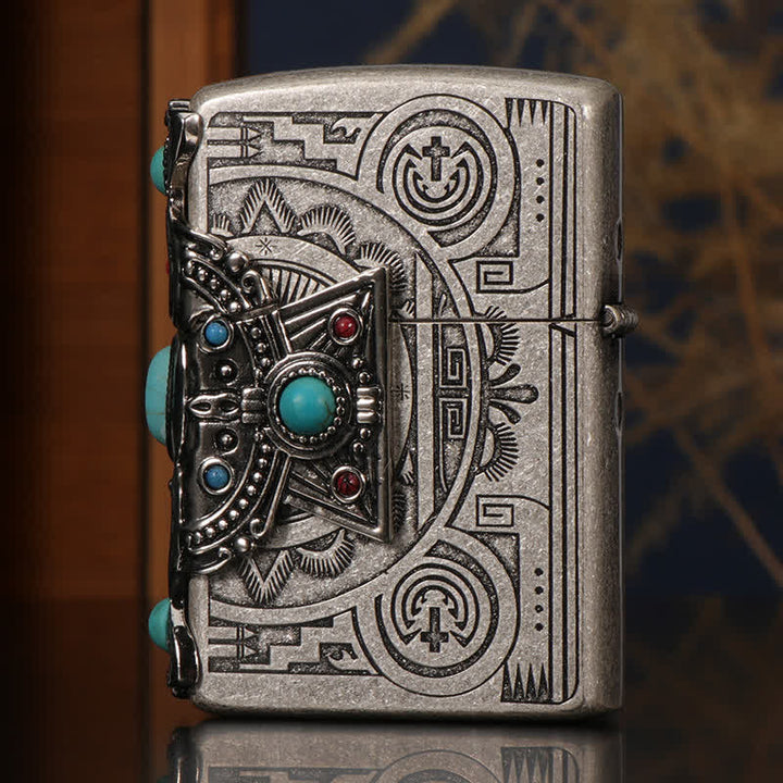 Briquet à pétrole rechargeable bleu turquoise à plumes indiennes