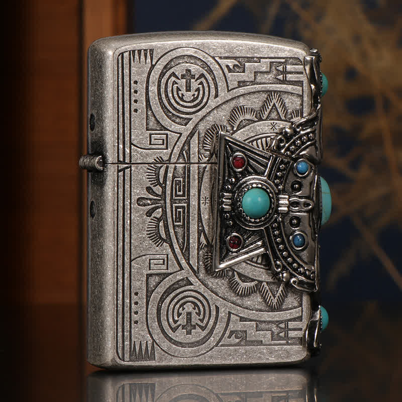 Briquet à pétrole rechargeable bleu turquoise à plumes indiennes
