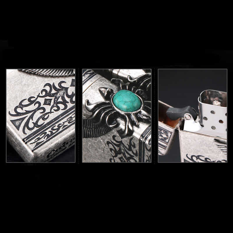 Briquet à pétrole rechargeable avec ailes d'aigle et incrustations de turquoise