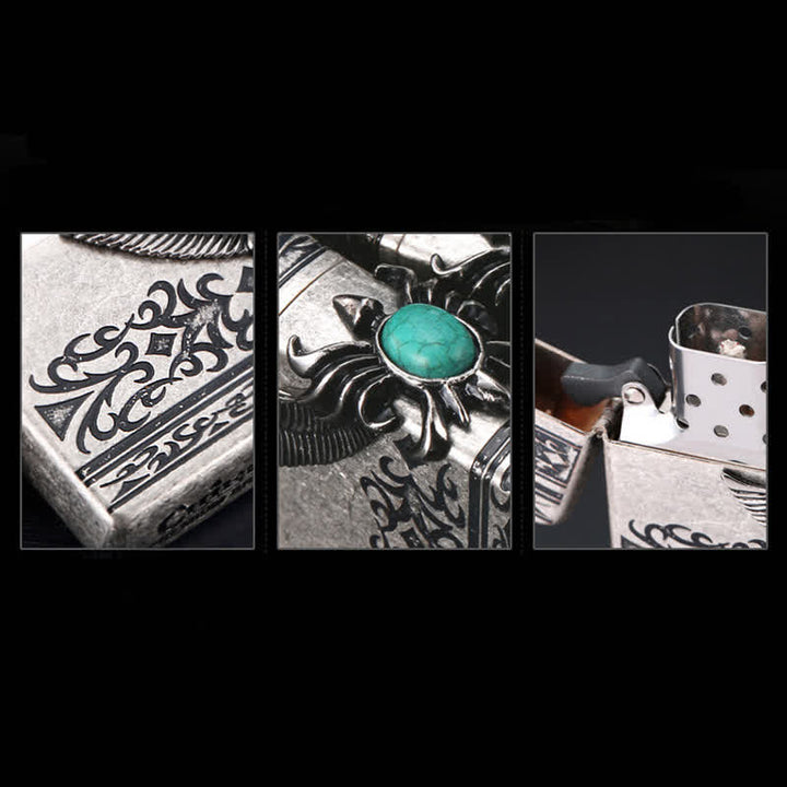 Briquet à pétrole rechargeable avec ailes d'aigle et incrustations de turquoise