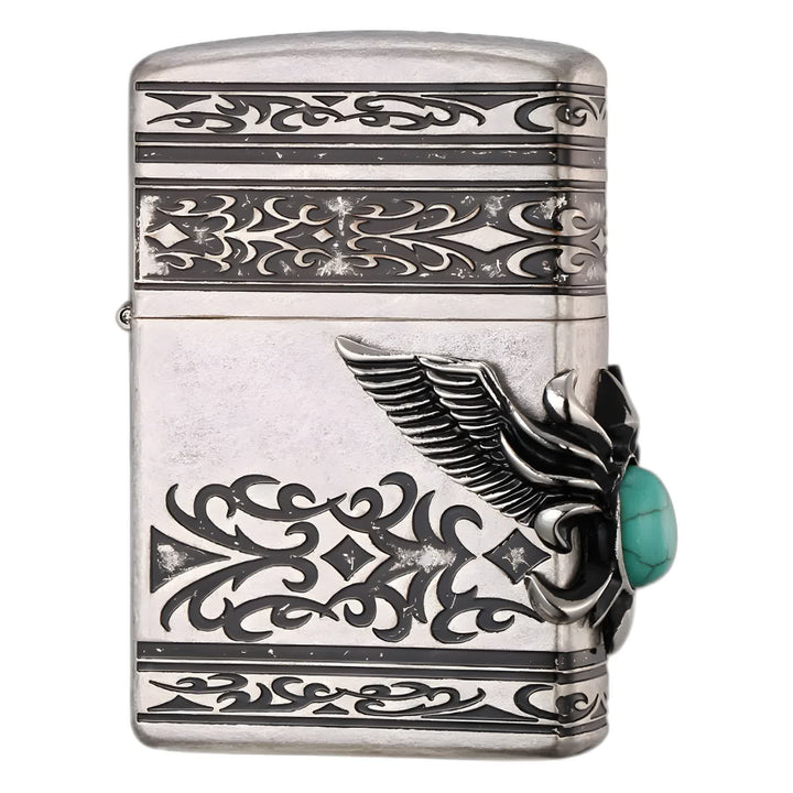 Briquet à pétrole rechargeable avec ailes d'aigle et incrustations de turquoise