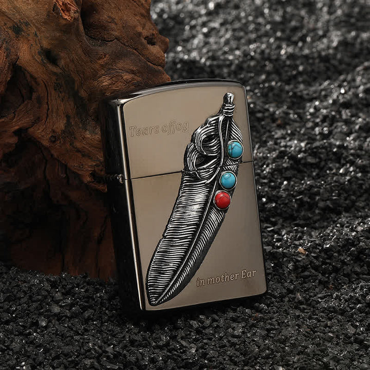 Briquet à huile rechargeable style indien en forme de plume turquoise