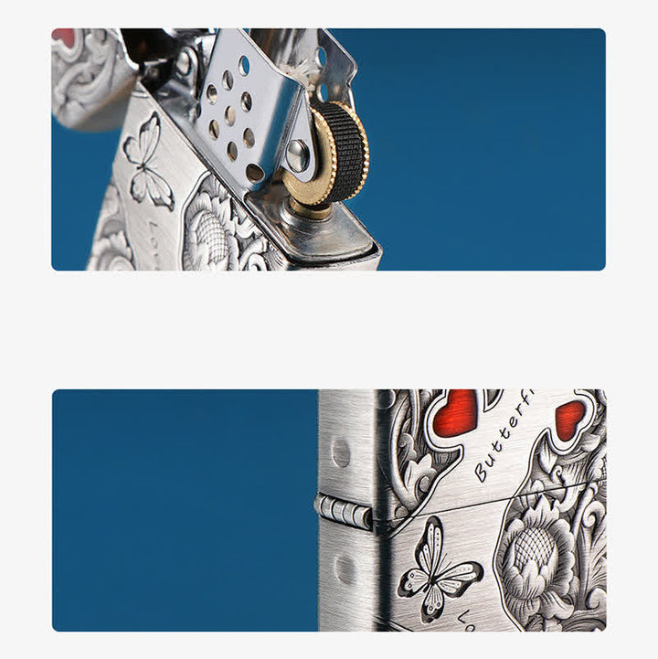 Briquet à pétrole rechargeable avec motif papillon et fleurs