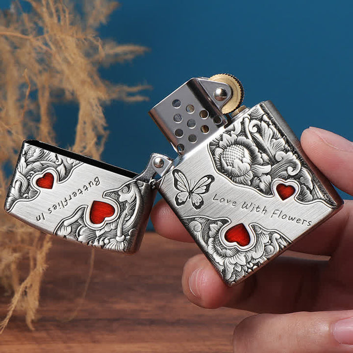Briquet à pétrole rechargeable avec motif papillon et fleurs