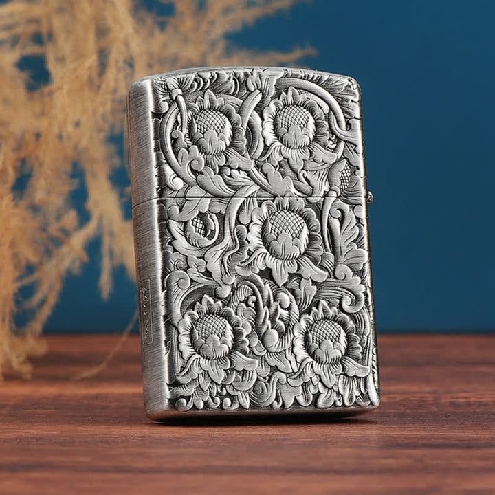 Briquet à pétrole rechargeable avec motif papillon et fleurs