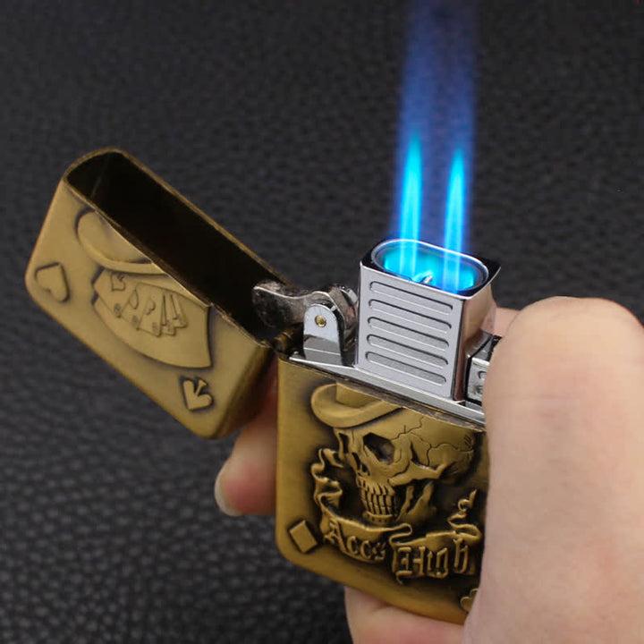 Briquet au butane rechargeable avec tête de mort et comme de poker