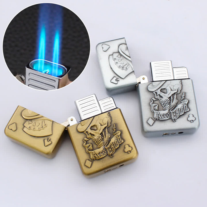 Briquet au butane rechargeable avec tête de mort et comme de poker