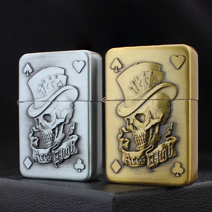 Briquet au butane rechargeable avec tête de mort et comme de poker