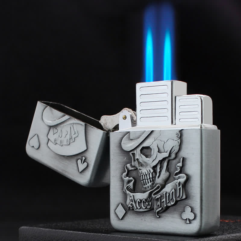 Briquet au butane rechargeable avec tête de mort et comme de poker