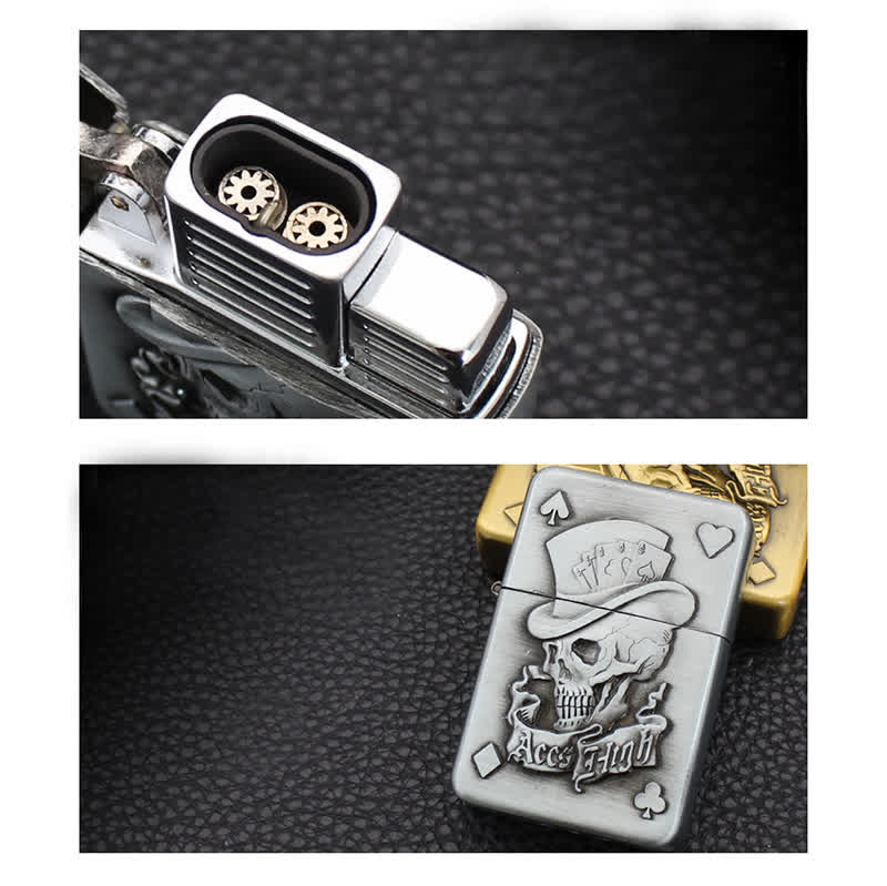 Briquet au butane rechargeable avec tête de mort et comme de poker