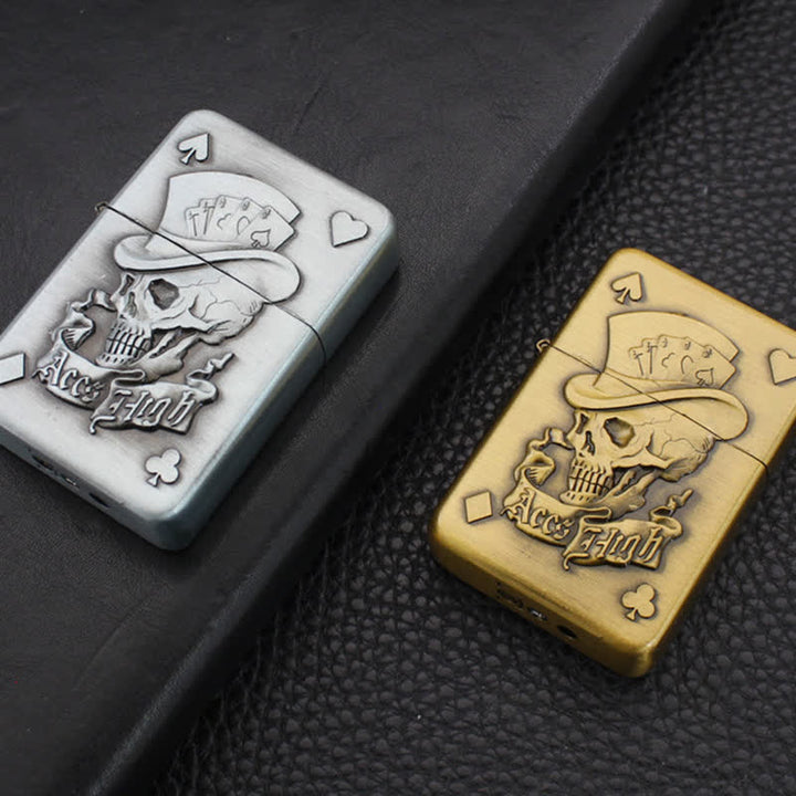 Briquet au butane rechargeable avec tête de mort et comme de poker