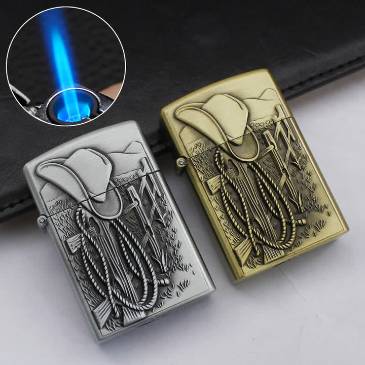 Briquet au butane rechargeable avec chapeau de cowboy et scène occidentale