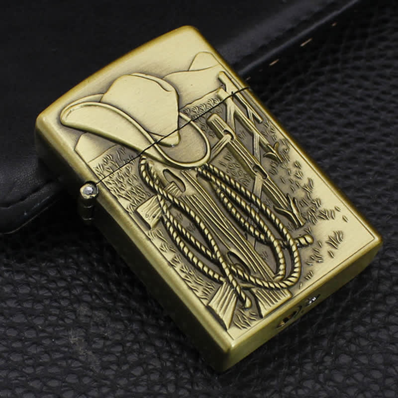 Briquet au butane rechargeable avec chapeau de cowboy et scène occidentale - Or - image 1