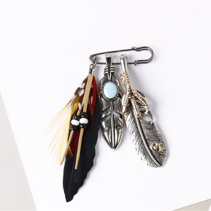 Broche ethnique indienne bohème unisexe en plumes