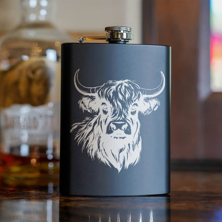 Gourde portable en acier inoxydable à motif laser Yak Bull de 3 à 8 oz