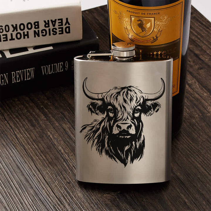 Gourde portable en acier inoxydable à motif laser Yak Bull de 3 à 8 oz