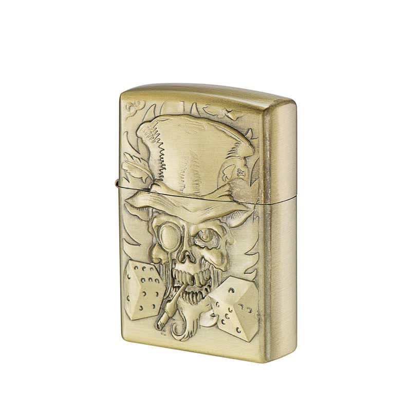 Briquet à pétrole rechargeable en bronze avec tête de mort Joker et dés