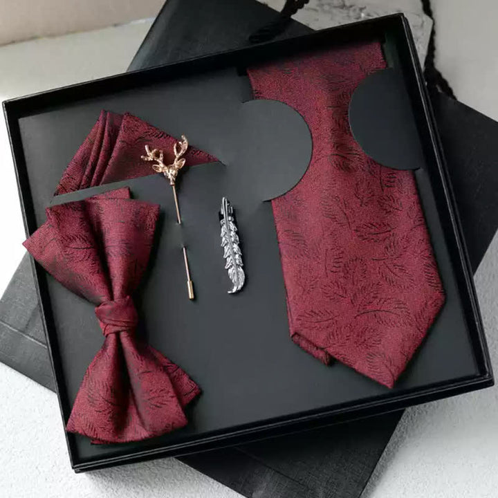 Lot de 5 nœuds papillon décontractés pour hommes, imprimé feuilles marron foncé, coffret cadeau - À nouer soi-même - Rouge foncé - image 5
