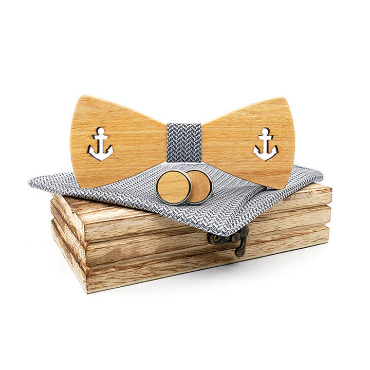 Lot de 3 nœuds papillon en bois pour homme avec ancre de bateau creuse