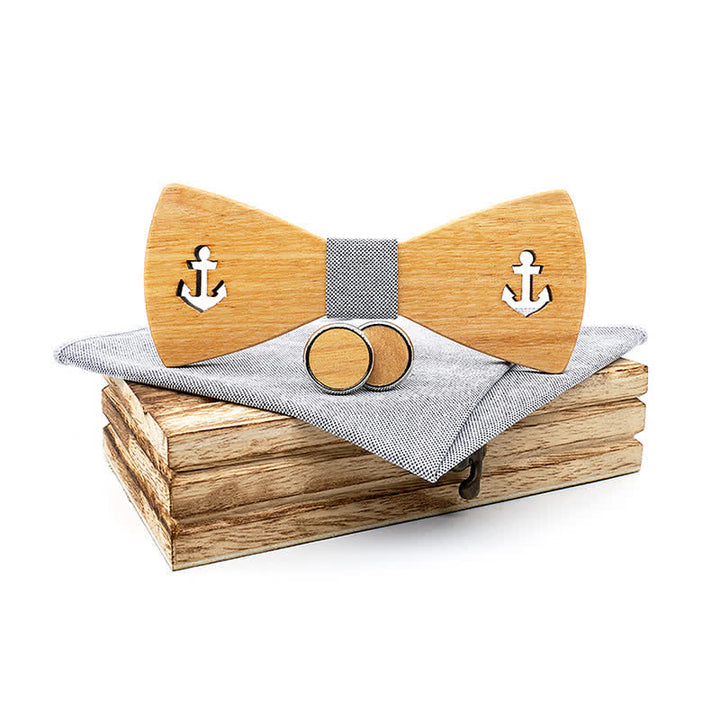 Lot de 3 nœuds papillon en bois pour homme avec ancre de bateau creuse