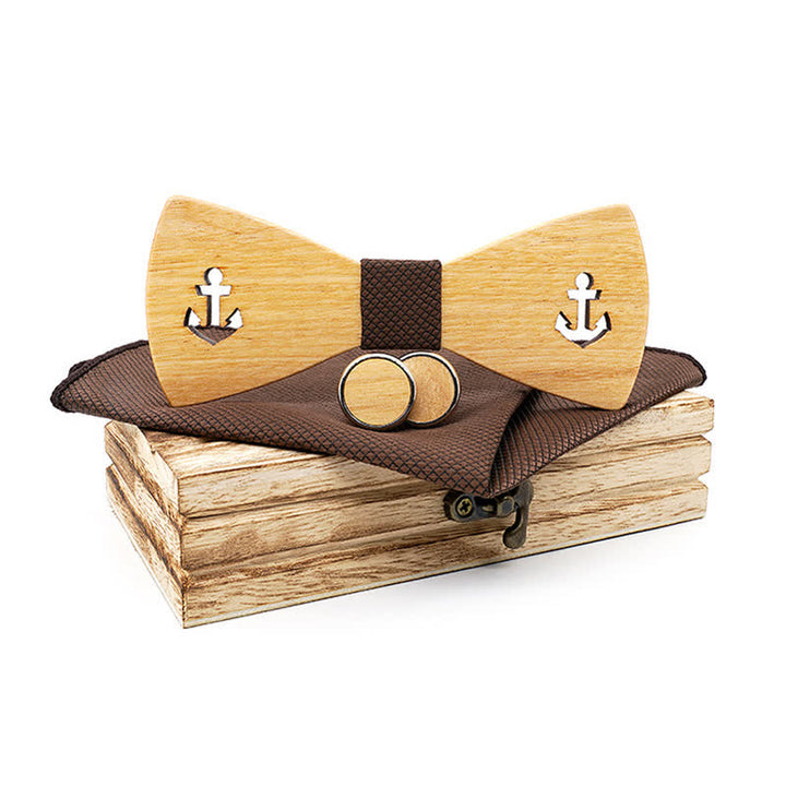 Lot de 3 nœuds papillon en bois pour homme avec ancre de bateau creuse