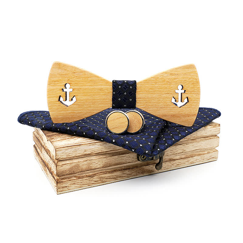 Lot de 3 nœuds papillon en bois pour homme avec ancre de bateau creuse