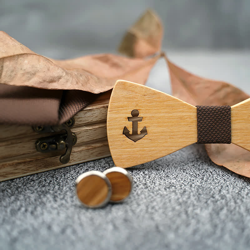 Lot de 3 nœuds papillon en bois pour homme avec ancre de bateau creuse
