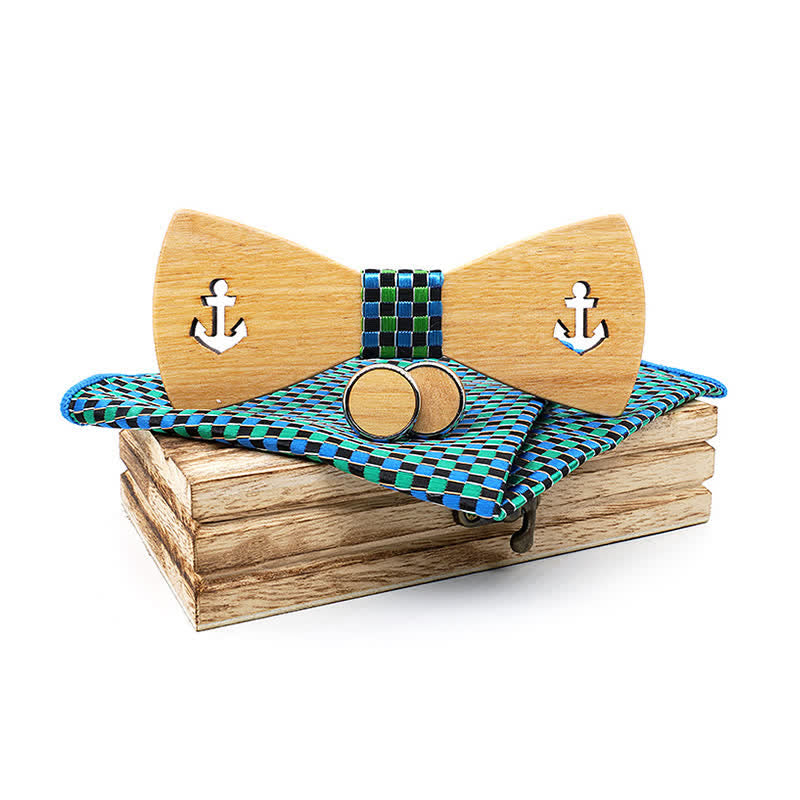 Lot de 3 nœuds papillon en bois pour homme avec ancre de bateau creuse