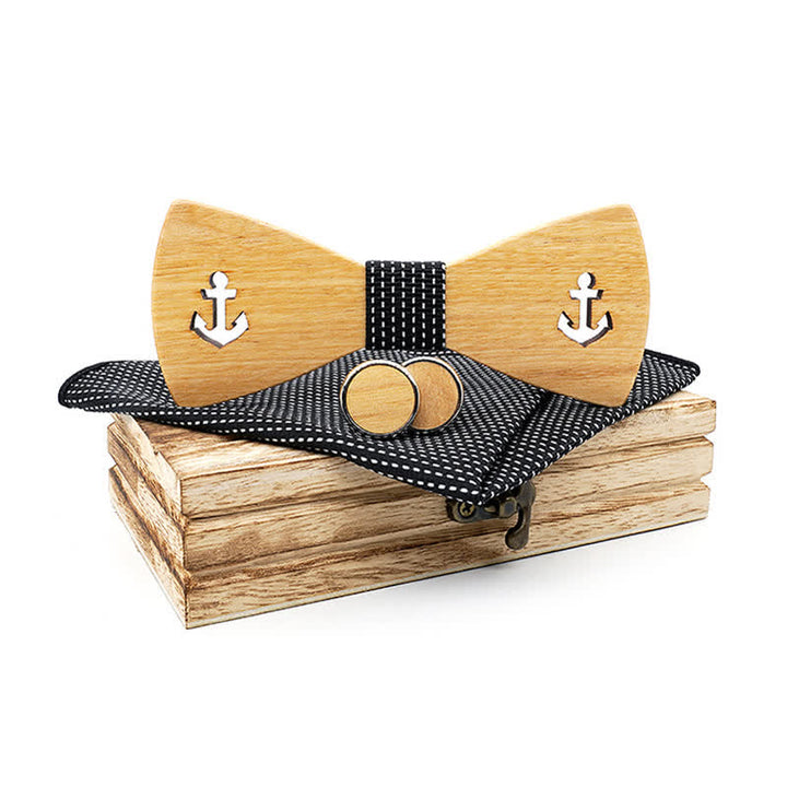 Lot de 3 nœuds papillon en bois pour homme avec ancre de bateau creuse