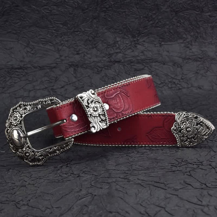 Ceinture en cuir à perles rouge foncé de style vintage pour femme