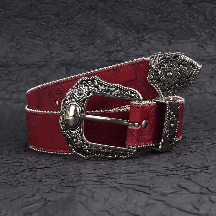Ceinture en cuir à perles rouge foncé de style vintage pour femme