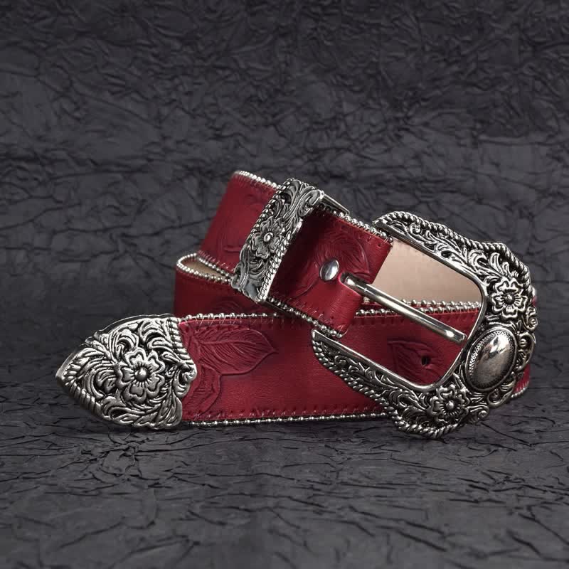 Ceinture en cuir à perles rouge foncé de style vintage pour femme