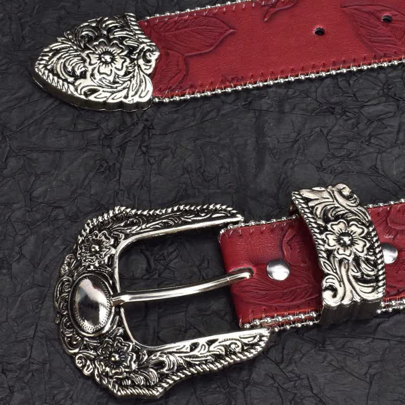 Ceinture en cuir à perles rouge foncé de style vintage pour femme
