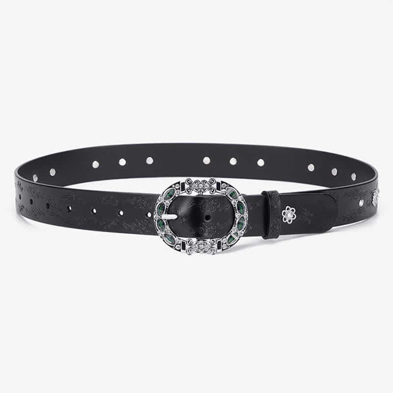 Ceinture en cuir à strass blancs et verts foncés pour femme