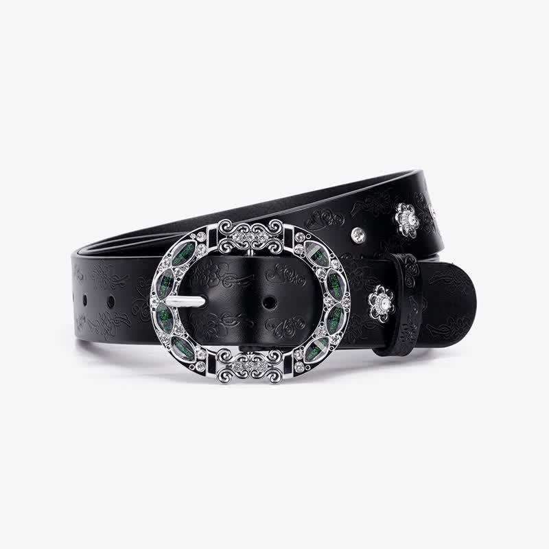 Ceinture en cuir à strass blancs et verts foncés pour femme
