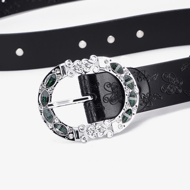 Ceinture en cuir à strass blancs et verts foncés pour femme