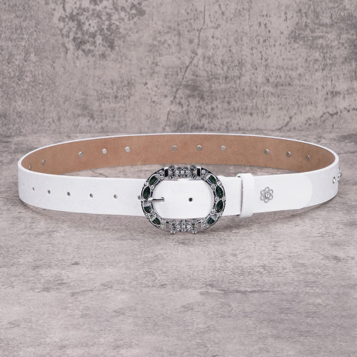 Ceinture en cuir à strass blancs et verts foncés pour femme