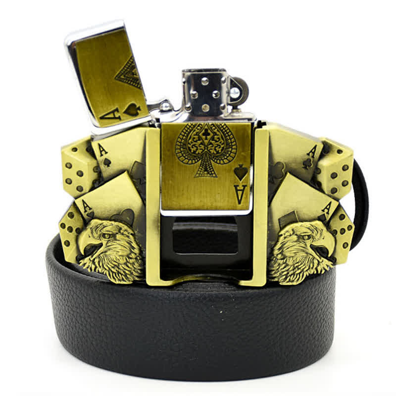 Ceinture en cuir doré pour homme Eagle Poker Ace avec briquet caché