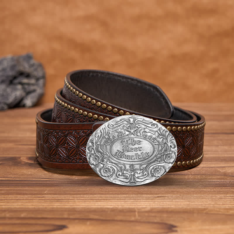 Ceinture en cuir avec boucle pour porte-bière créative et gravure de fleurs pour homme