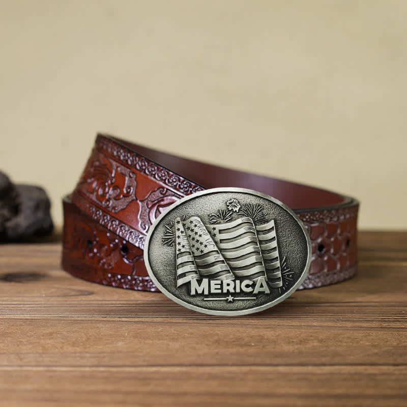 Ceinture en cuir à boucle style Texas avec drapeau amérindien pour homme
