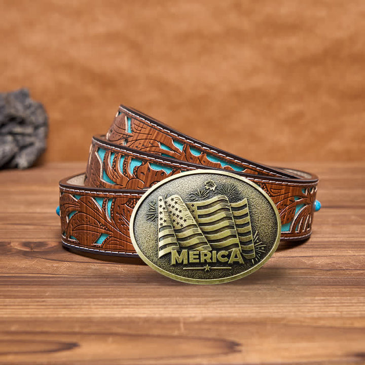 Ceinture en cuir à boucle style Texas avec drapeau amérindien pour homme