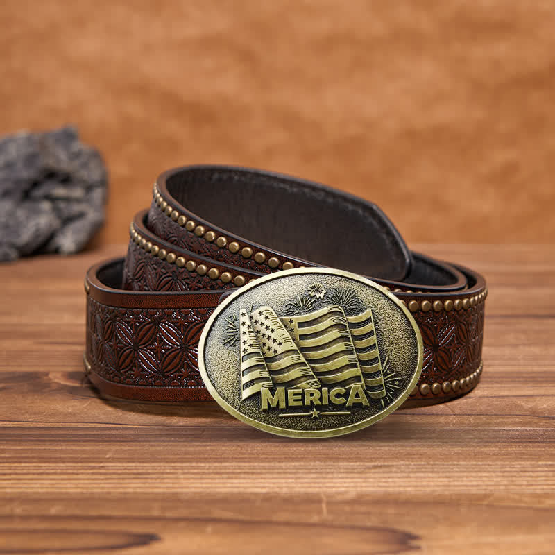 Ceinture en cuir à boucle style Texas avec drapeau amérindien pour homme