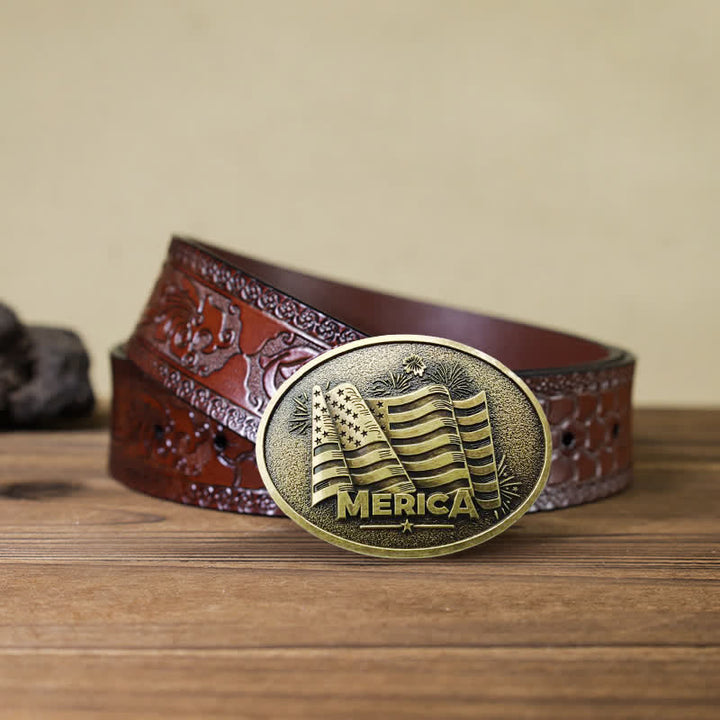 Ceinture en cuir à boucle style Texas avec drapeau amérindien pour homme