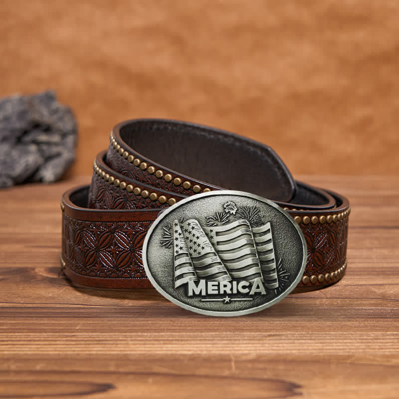 Ceinture en cuir à boucle style Texas avec drapeau amérindien pour homme