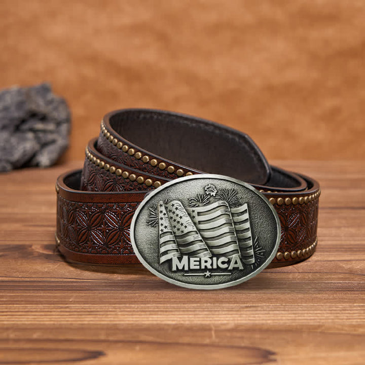 Ceinture en cuir à boucle style Texas avec drapeau amérindien pour homme