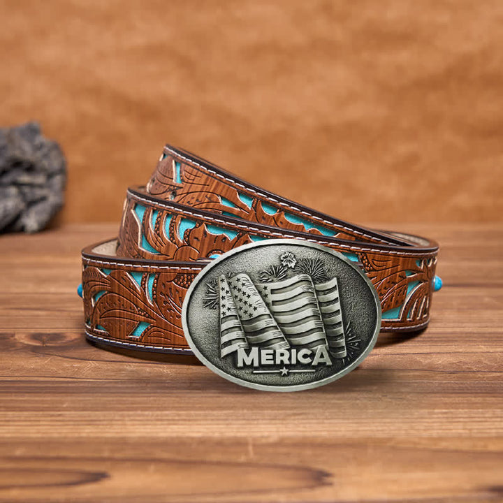 Ceinture en cuir à boucle style Texas avec drapeau amérindien pour homme