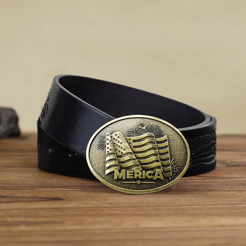 Ceinture en cuir à boucle style Texas avec drapeau amérindien pour homme