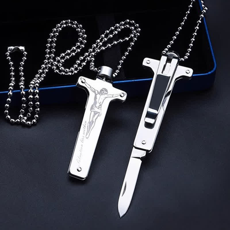 Collier avec pendentif mini couteau pliant créatif en forme de croix de Jésus - Jésus Sainte Croix - image 1
