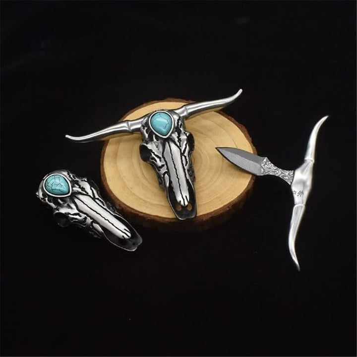 Boucle de ceinture pendentif multifonction EDC en forme de crâne de Longhorn turquoise