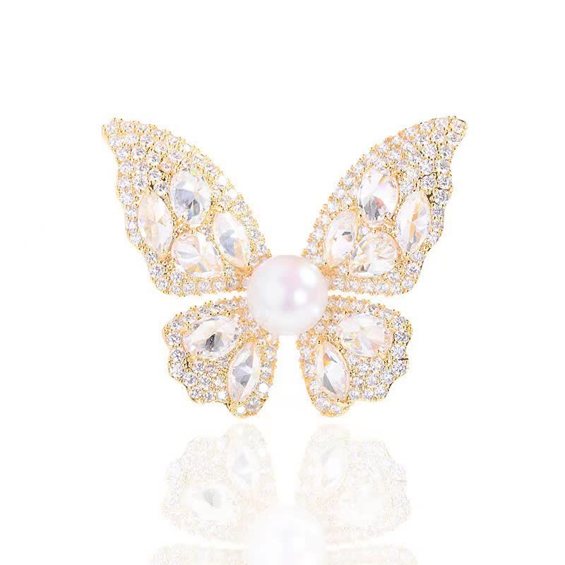Broche papillon en perles de zircon scintillantes pour femme